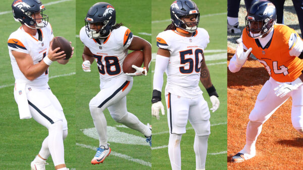 Broncos players Sam Ehlinger, Jaleel McLaughlin, Red Murdock and Jordan Jackson