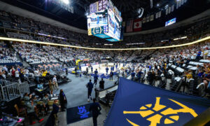 Nuggets show off new dual-toned home floor