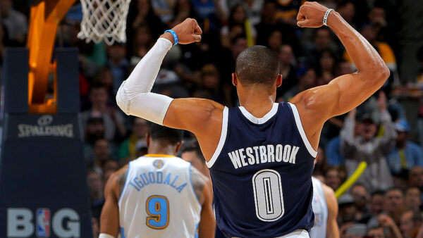 DENVER, CO - MARCH 01: Russell Westbrook #0 of the Oklahoma City Thunder reacts following a play against the Denver Nuggets at the Pepsi Center on March 1, 2013 in Denver, Colorado. The Nuggets defeated the Thunder 105-103. NOTE TO USER: User expressly acknowledges and agrees that, by downloading and or using this photograph, User is consenting to the terms and conditions of the Getty Images License Agreement.