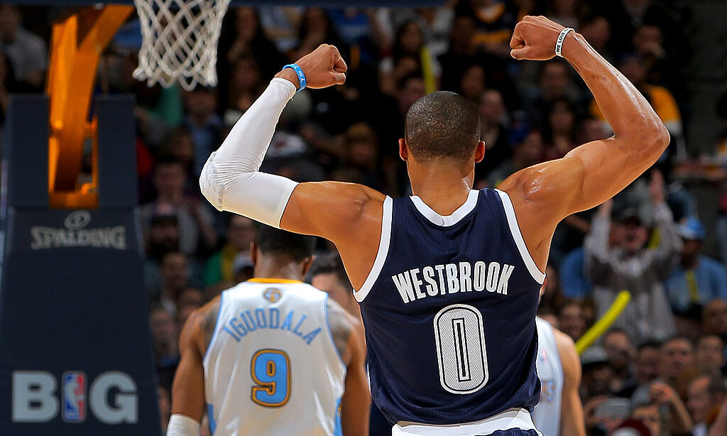 DENVER, CO - MARCH 01: Russell Westbrook #0 of the Oklahoma City Thunder reacts following a play ag...