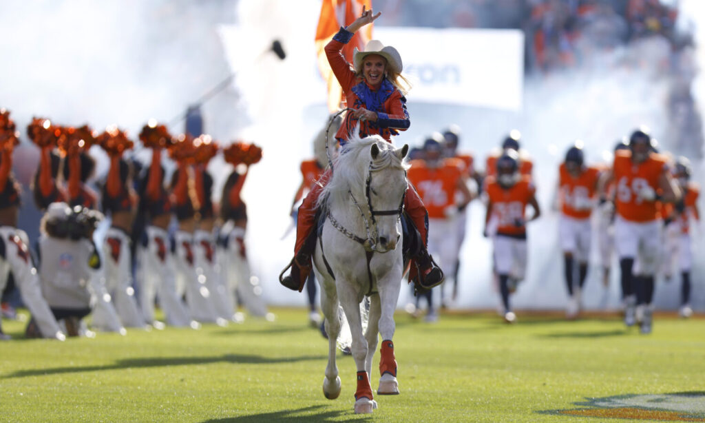 DENVER, COLORADO - DECEMBER 14: Denver Broncos mascot Thunder takes the field before the game against the Green Bay Packers at Empower Field At Mile High on December 14, 2025 in Denver, Colorado.