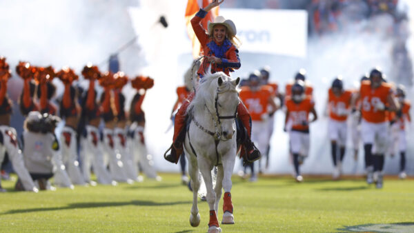 DENVER, COLORADO - DECEMBER 14: Denver Broncos mascot Thunder takes the field before the game against the Green Bay Packers at Empower Field At Mile High on December 14, 2025 in Denver, Colorado.