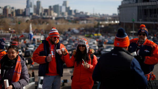 DENVER, COLORADO - JANUARY 25: Fans of the Denver Broncos enjoy the pregame atmosphere outside of the stadium prior to the AFC Championship Playoff game against the New England Patriots at Empower Field At Mile High on January 25, 2026 in Denver, Colorado.