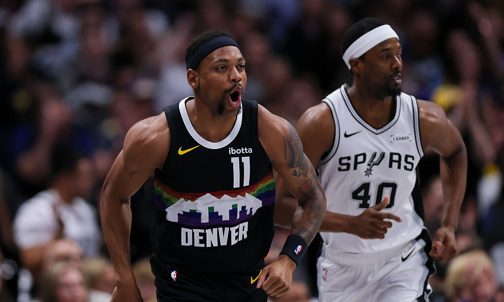 DENVER, CO - APRIL 4: Bruce Brown #11 of the Denver Nuggets celebrates after scoring a three point basket against Harrison Barnes #40 of the San Antonio Spurs during the first quarter at Ball Arena on April 4, 2026 in Denver, Colorado. NOTE TO USER: User expressly acknowledges and agrees that, by downloading and or using this photograph, User is consenting to the terms and conditions of the Getty Images License Agreement.