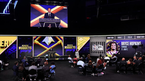 NEW YORK, NEW YORK - JUNE 24: Bryce Hopkins is drafted 49th overall by the Denver Nuggets in Round Two of the 2026 NBA Draft at Barclays Center on June 24, 2026 in New York City. NOTE TO USER: User expressly acknowledges and agrees that, by downloading and or using this photograph, User is consenting to the terms and conditions of the Getty Images License Agreement.