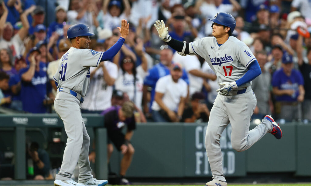Shohei Ohtani celebrates a homer against the Rockies