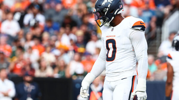 DENVER, COLORADO - AUGUST 21: Jonathon Cooper #0 of the Denver Broncos looks on between plays during a preseason game against the Green Bay Packers at Empower Field At Mile High on August 21, 2026 in Denver, Colorado.