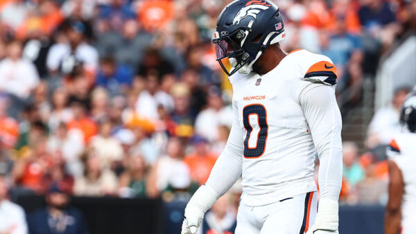 DENVER, COLORADO - AUGUST 21: Jonathon Cooper #0 of the Denver Broncos looks on between plays during a preseason game against the Green Bay Packers at Empower Field At Mile High on August 21, 2026 in Denver, Colorado.