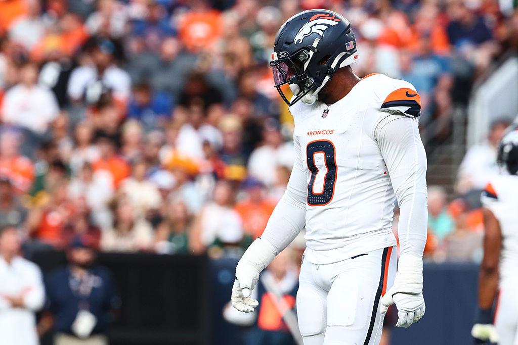 DENVER, COLORADO - AUGUST 21: Jonathon Cooper #0 of the Denver Broncos looks on between plays during a preseason game against the Green Bay Packers at Empower Field At Mile High on August 21, 2026 in Denver, Colorado.
