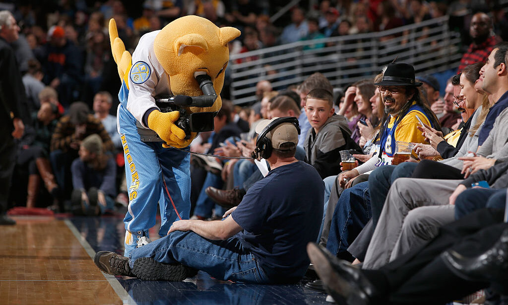 DENVER, CO - MARCH 03: Super mascot Rocky of the Denver Nuggets turns the camera on the cameraman a...