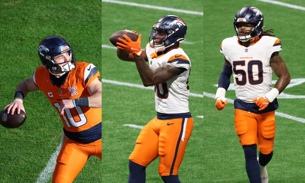 Broncos player Bo Nix, Justin Joly and Red Murdock
