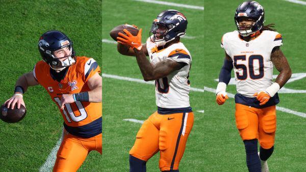 Broncos player Bo Nix, Justin Joly and Red Murdock