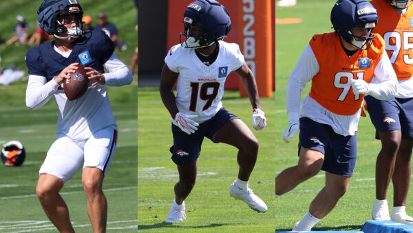Broncos players Bo Nix, Marvin Mims Jr. and Matt Henningsen