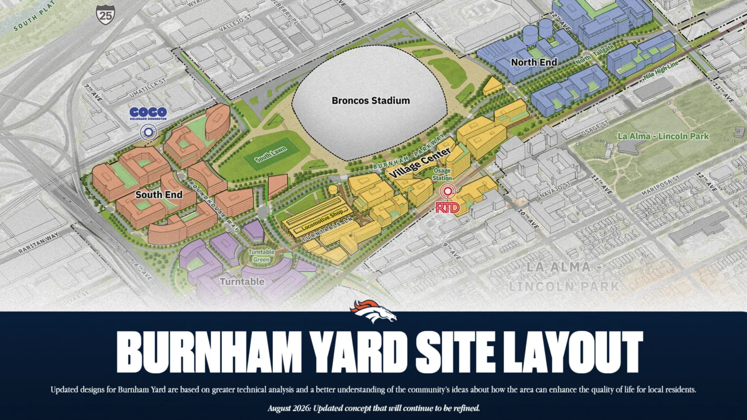 Denver Broncos site map of Burnham Yards...