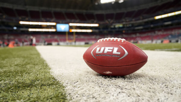 ST LOUIS, MISSOURI - JUNE 16: A football with the UFL logo is seen on the field before the start of the UFL Championship Game between the Birmingham Stallions and San Antonio Brahmas at The Dome at America’s Center on June 16, 2024 in St Louis, Missouri.