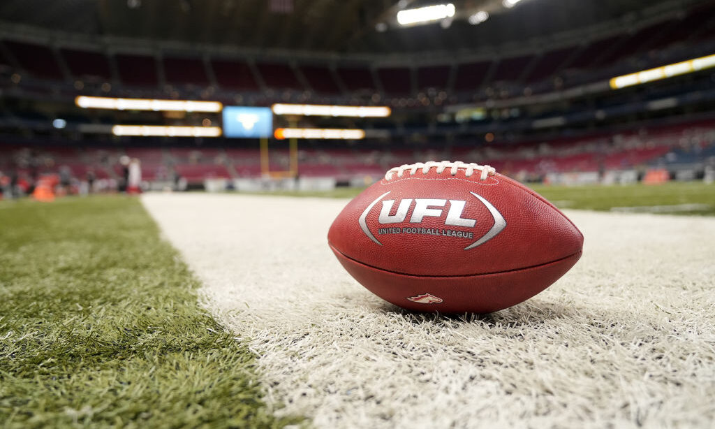ST LOUIS, MISSOURI - JUNE 16: A football with the UFL logo is seen on the field before the start of the UFL Championship Game between the Birmingham Stallions and San Antonio Brahmas at The Dome at America’s Center on June 16, 2024 in St Louis, Missouri.
