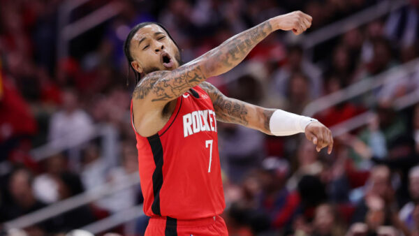 HOUSTON, TEXAS - JANUARY 01: Cam Whitmore #7 of the Houston Rockets reacts after a three-point basket against the Dallas Mavericks during the first half at Toyota Center on January 01, 2025 in Houston, Texas. NOTE TO USER: User expressly acknowledges and agrees that, by downloading and or using this photograph, User is consenting to the terms and conditions of the Getty Images License Agreement.