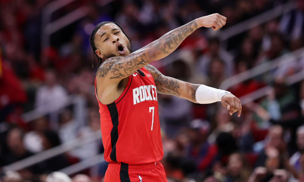 HOUSTON, TEXAS - JANUARY 01: Cam Whitmore #7 of the Houston Rockets reacts after a three-point basket against the Dallas Mavericks during the first half at Toyota Center on January 01, 2025 in Houston, Texas. NOTE TO USER: User expressly acknowledges and agrees that, by downloading and or using this photograph, User is consenting to the terms and conditions of the Getty Images License Agreement.