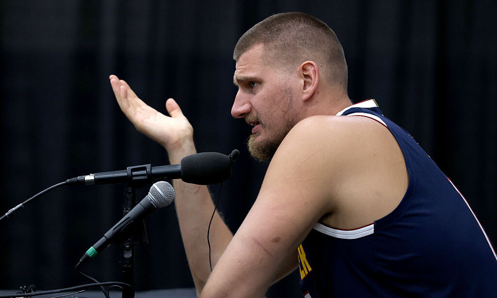 DENVER, COLORADO - SEPTEMBER 29: Nikola Jokic of the Denver Nuggets fields questions during Media Day at Ball Arena on September 29, 2025 in Denver, Colorado. NOTE TO USER: User expressly acknowledges and agrees that, by downloading and or using this photograph, User is consenting to the terms and conditions of the Getty Images License Agreement.