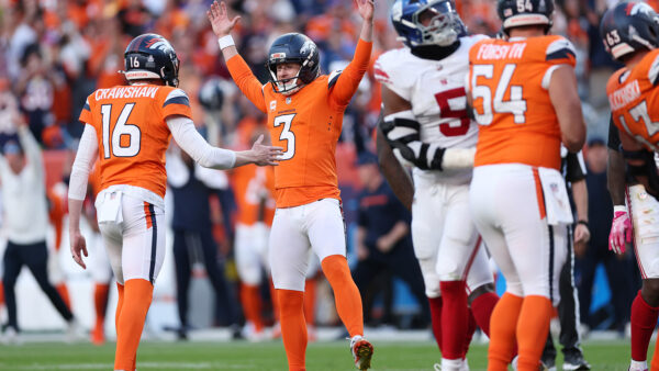 Broncos kicker Wil Lutz celebrates in 2025