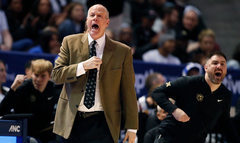 PROVO, UTAH - FEBRUARY 14: Head Coach Tad Boyle of the Colorado Buffaloes calls in a play during th...