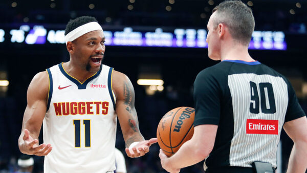 SALT LAKE CITY, UT - APRIL 1: Bruce Brown #11 of the Denver Nuggets argues a call with NBA Referree Pat O'Connell #90 during the second half of the game between the Denver Nuggets and the Utah Jazz at the Delta Center on April 1, 2026 in Salt Lake City, Utah.NOTE TO USER: User expressly acknowledges and agrees that, by downloading and or using this photograph, User is consenting to the terms and conditions of the Getty Images License Agreement.