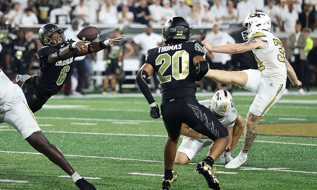 ATLANTA, GEORGIA - SEPTEMBER 03: Boo Carter #6 of the Colorado Buffaloes blocks a field goal attempt by Aidan Birr #33 of the Georgia Tech Yellow Jackets as time expires in the Buffaloes 14-13 win at Bobby Dodd Stadium on September 03, 2026 in Atlanta, Georgia.