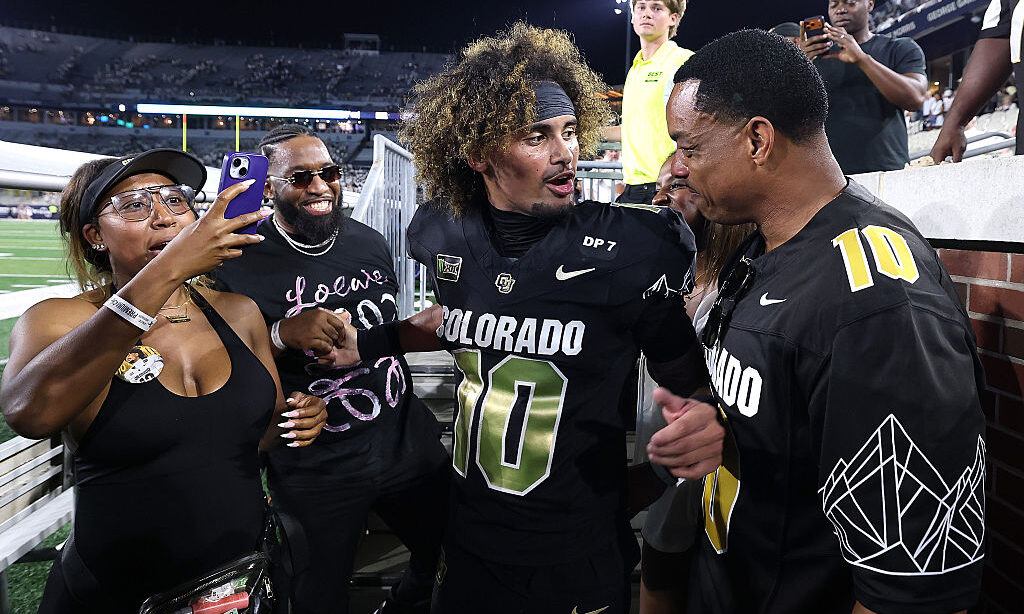 ATLANTA, GEORGIA - SEPTEMBER 03: Julian (JuJu) Lewis #10 of the Colorado Buffaloes celebrates with ...