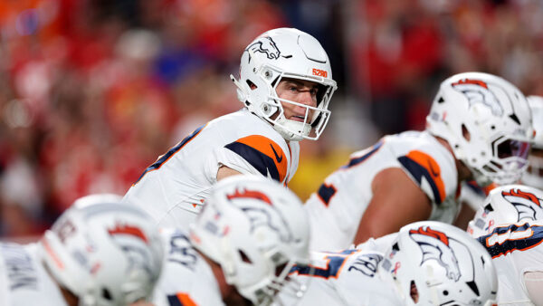 KANSAS CITY, MISSOURI - SEPTEMBER 14: Bo Nix #10 of the Denver Broncos calls a play against the Kansas City Chiefs during the fourth quarter in the game at Arrowhead Stadium on September 14, 2026 in Kansas City, Missouri.