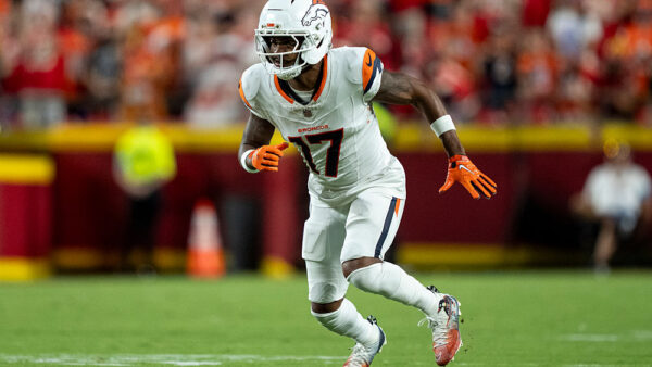 KANSAS CITY, MISSOURI - SEPTEMBER 14: Jaylen Waddle #17 of the Denver Broncos runs a route against the Kansas City Chiefs during an NFL football game at Arrowhead Stadium on September 14, 2026 in Kansas City, Missouri.