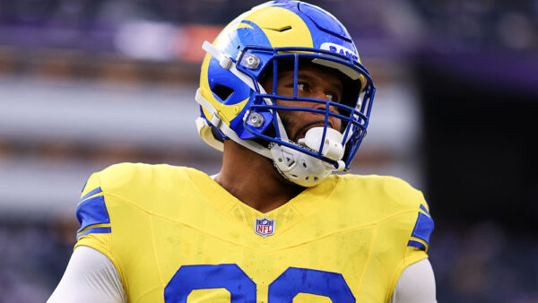 INGLEWOOD, CALIFORNIA - SEPTEMBER 21: Aaron Donald #99 of the Los Angeles Rams warms up prior to the game against the New York Giants at SoFi Stadium on September 21, 2026 in Inglewood, California.