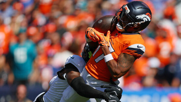 DENVER, COLORADO - SEPTEMBER 20: Jaylen Waddle #17 of the Denver Broncos catches a pass during the second quarter of the game against the Jacksonville Jaguars at Empower Field At Mile High on September 20, 2026 in Denver, Colorado.