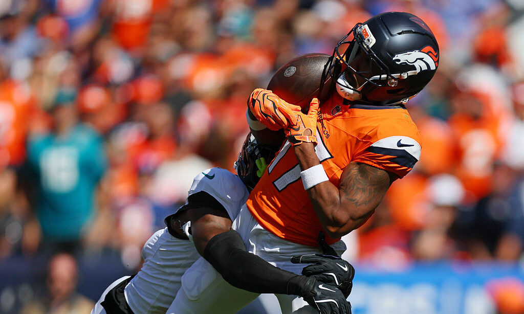 DENVER, COLORADO - SEPTEMBER 20: Jaylen Waddle #17 of the Denver Broncos catches a pass during the ...