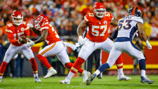 KANSAS CITY, MO - DECEMBER 05: Orlando Brown #57 of the Kansas City Chiefs prepares to block Jonathon Cooper #53 of the Denver Broncos during the first quarter at Arrowhead Stadium on December 5, 2021 in Kansas City,