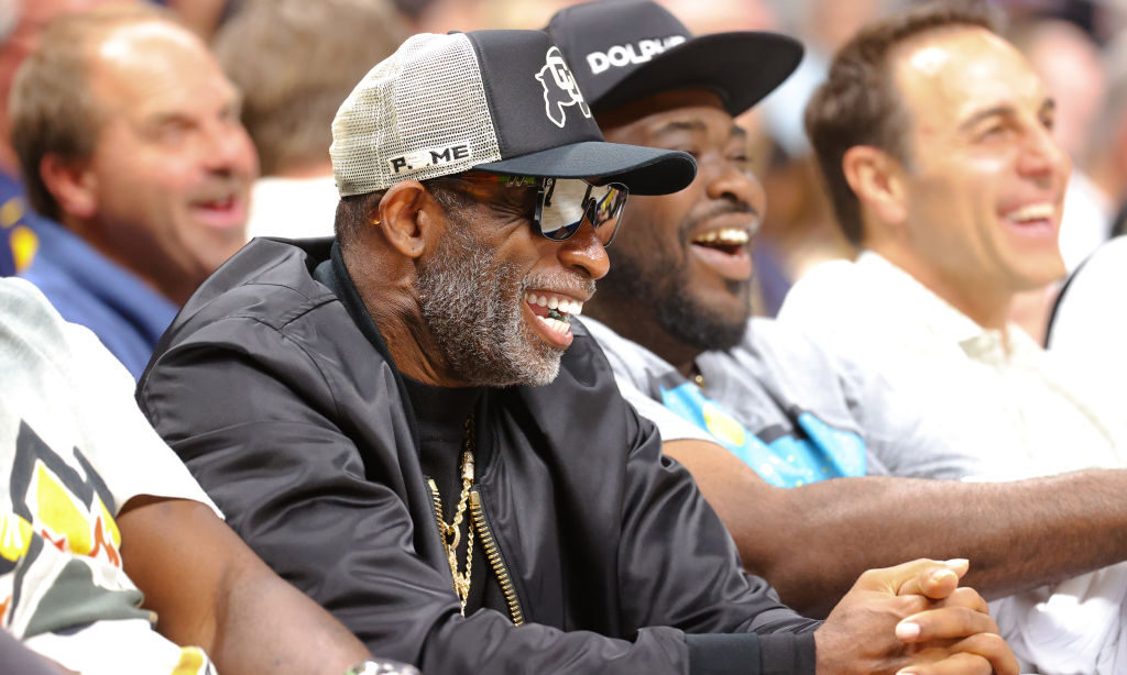 DENVER, COLORADO - OCTOBER 24: Head coach Deion Sanders of the Colorado Buffaloes attends the game between the Denver Nuggets and the Los Angeles Lakers in the NBA Opening night at Ball Arena on October 24, 2023 in Denver, Colorado. NOTE TO USER: User expressly acknowledges and agrees that, by downloading and/or using this Photograph, user is consenting to the terms and conditions of the Getty Images License Agreement.