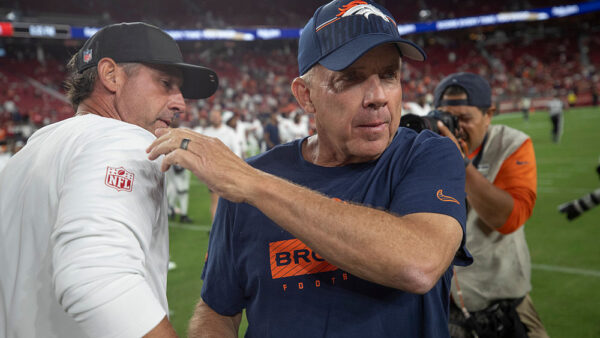 SANTA CLARA, CA - AUGUST 9: Head Coach Kyle Shanahan of the San Francisco 49ers with Head Coach Sean Payton of the Denver Broncos after the game at Levi's Stadium on August 9, 2025 in Santa Clara, California. The Broncos defeated the 49ers 30-9.