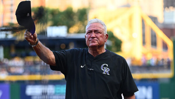 PITTSBURGH, PENNSYLVANIA - AUGUST 22: Clint Hurdle #55 of the Colorado Rockies waves to the crowd after a tribute to his time as the manager of the Pittsburgh Pirates during the game at PNC Park on August 22, 2025 in Pittsburgh,
