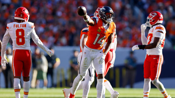 DENVER, COLORADO - NOVEMBER 16: Courtland Sutton #14 of the Denver Broncos reacts after a play against the Kansas City Chiefs during the first quarter at Empower Field At Mile High on November 16, 2025 in Denver, Colorado.