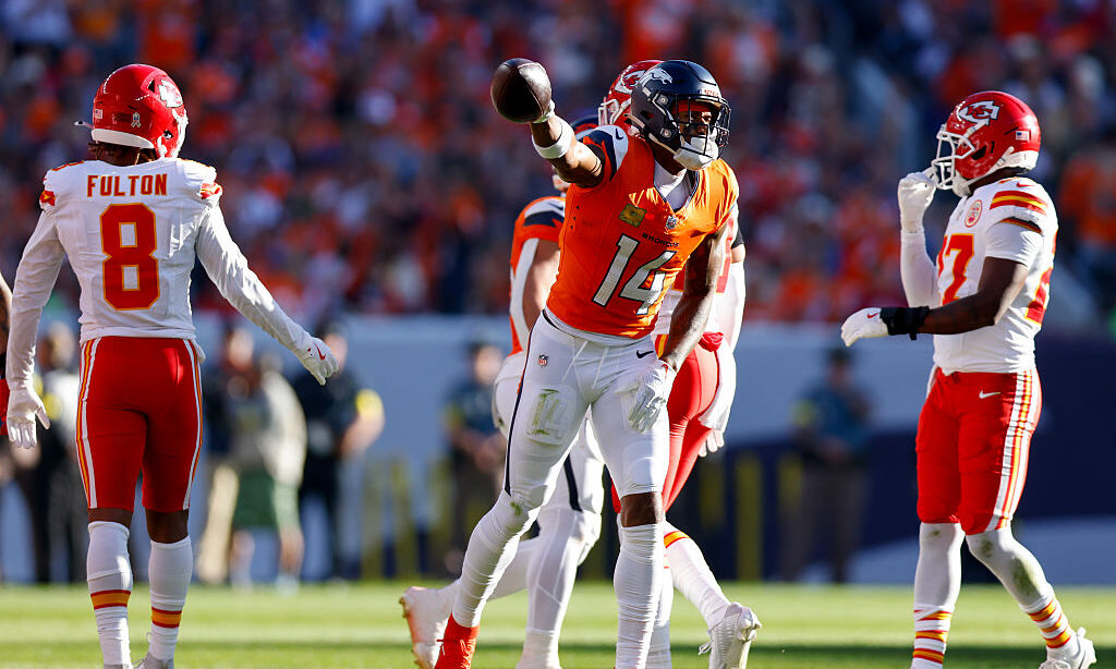 DENVER, COLORADO - NOVEMBER 16: Courtland Sutton #14 of the Denver Broncos reacts after a play against the Kansas City Chiefs during the first quarter at Empower Field At Mile High on November 16, 2025 in Denver, Colorado.