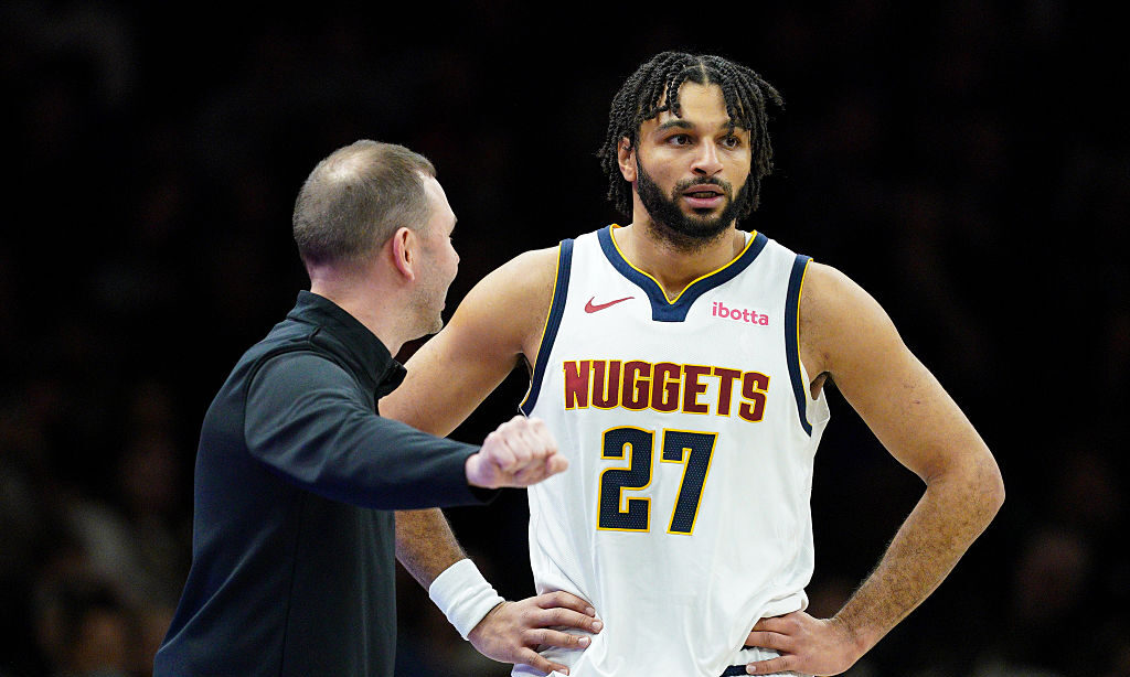 NEW YORK, NEW YORK - JANUARY 04: Jamal Murray #27 and Head Coach David Adelman of the Denver Nuggets discuss during a stoppage during the game against the Brooklyn Nets at Barclays Center on January 04, 2026 in New York City. NOTE TO USER: User expressly acknowledges and agrees that, by downloading and or using this photograph, User is consenting to the terms and conditions of the Getty Images License Agreement.