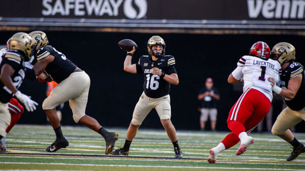 BOULDER, COLORADO - OCTOBER 3: Isaac Wilson #16 of the Colorado Buffaloes makes a pass against the Texas Techs at Folsom Field on October 3, 2026 in Boulder, Colorado.