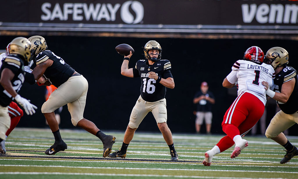 BOULDER, COLORADO - OCTOBER 3: Isaac Wilson #16 of the Colorado Buffaloes makes a pass against the Texas Techs at Folsom Field on October 3, 2026 in Boulder, Colorado.