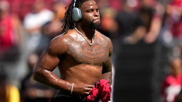 SANTA CLARA, CALIFORNIA - OCTOBER 04: Dre Greenlaw #57 of the San Francisco 49ers warms up prior to the start of the game against the Denver Broncos at Levi's Stadium on October 04, 2026 in Santa Clara, California.