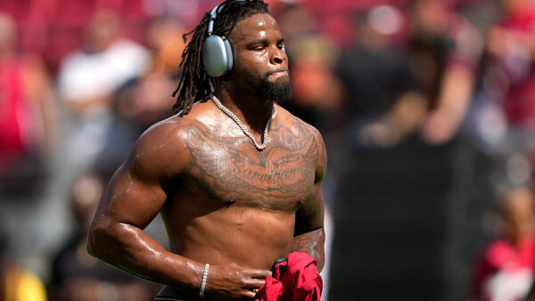 SANTA CLARA, CALIFORNIA - OCTOBER 04: Dre Greenlaw #57 of the San Francisco 49ers warms up prior to the start of the game against the Denver Broncos at Levi's Stadium on October 04, 2026 in Santa Clara, California.