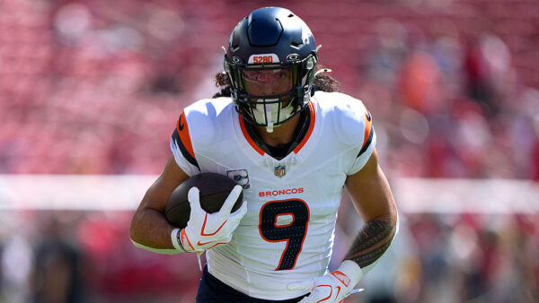 SANTA CLARA, CALIFORNIA - OCTOBER 04: Talanoa Hufanga #9 of the Denver Broncos warms up prior to the start of the game against the San Francisco 49ers at Levi's Stadium on October 04, 2026 in Santa Clara, California.