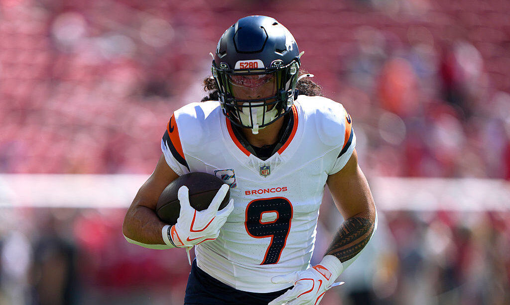 SANTA CLARA, CALIFORNIA - OCTOBER 04: Talanoa Hufanga #9 of the Denver Broncos warms up prior to the start of the game against the San Francisco 49ers at Levi's Stadium on October 04, 2026 in Santa Clara, California.