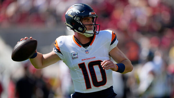 SANTA CLARA, CALIFORNIA - OCTOBER 04: Bo Nix #10 of the Denver Broncos looks to pass against the San Francisco 49ers in the first quarter at Levi's Stadium on October 04, 2026 in Santa Clara, California.