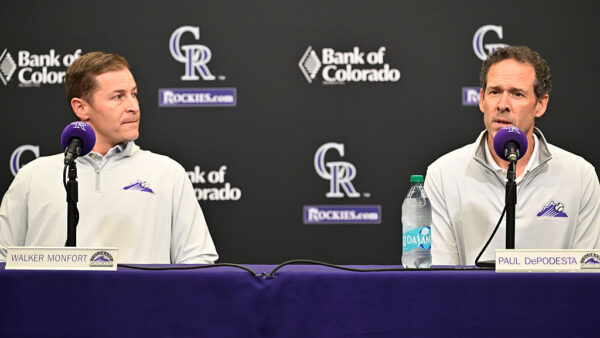 DENVER, CO - OCTOBER 06: The Colorado Rockies host an end-of-season press conference with club President Walker Monfort, left, and President of Baseball Operations Paul DePodesta at Coors Field on Tuesday, October 06, 2026, in Denver, Colorado.