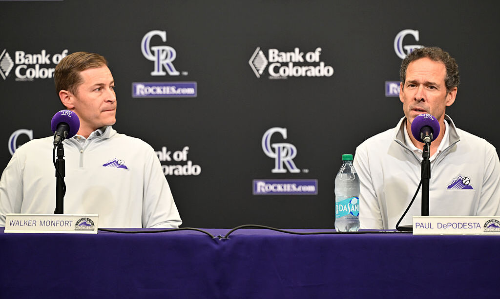 DENVER, CO - OCTOBER 06: The Colorado Rockies host an end-of-season press conference with club President Walker Monfort, left, and President of Baseball Operations Paul DePodesta at Coors Field on Tuesday, October 06, 2026, in Denver, Colorado.