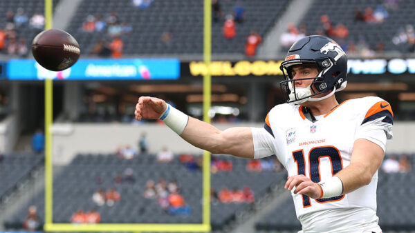 INGLEWOOD, CALIFORNIA - OCTOBER 11: Bo Nix #10 of the Denver Broncos warms up before the game against the Los Angeles Chargers at SoFi Stadium on October 11, 2026 in Inglewood, California.